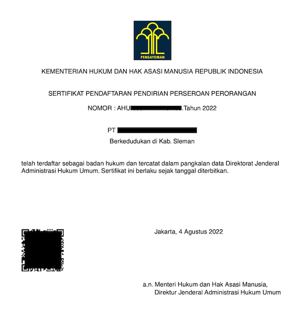 Contoh surat sertifikat dari Menteri Hukum dan Hak Asasi Manusia.
