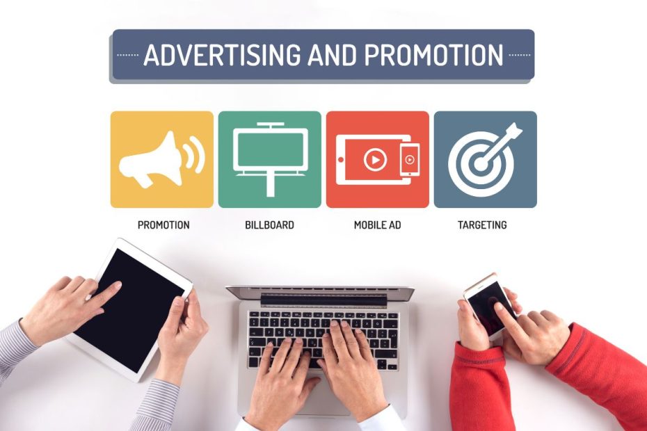 Gambar bertuliskan "Adverstising and Promotion" dengan sub-gambar bertuliskan "Promotion", "Bilboard", "Mobile Ad", dan "Targeting".