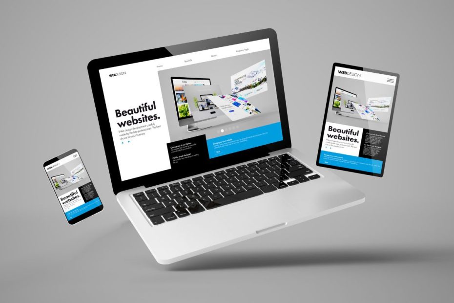 Gambar laptop, smartphone, dan gadget yang menampilkan tampilan website.
